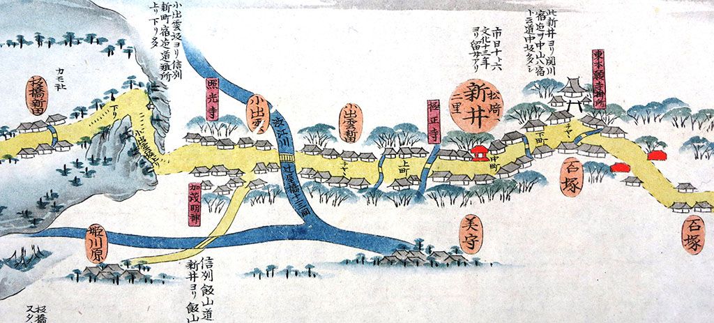 「東都道中分間絵図」の小出雲周辺。中央左に加茂明神、左上に小出雲坂、左下に飯山道への分かれ道が描かれている。同前